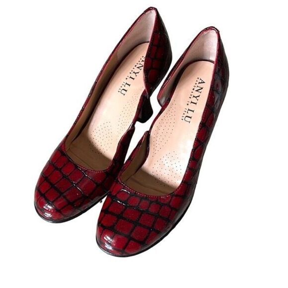 Anyi Lu Red Burgundy Croc PatternPatent Leather Pumps Heels Size 39 US 8.5 Ita